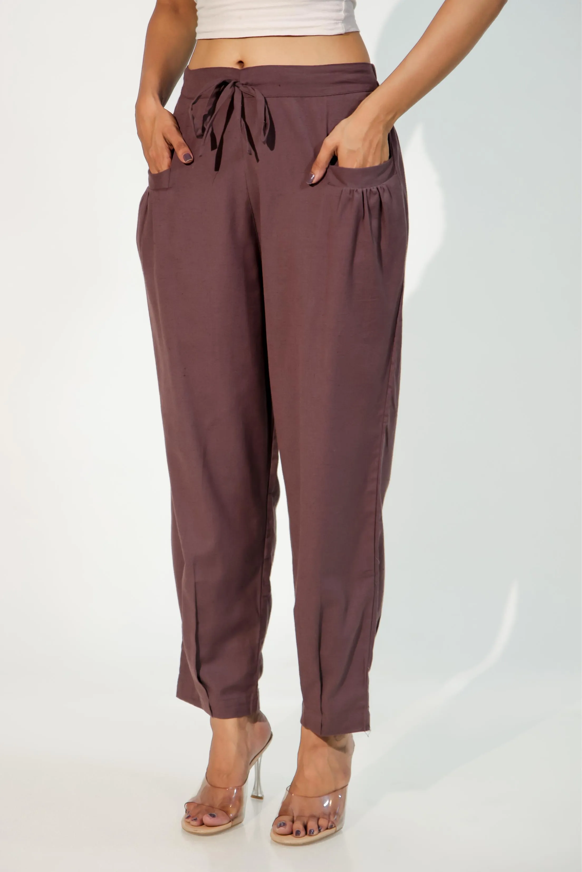 Burgundy Women's Pleated-Narrow Trousers