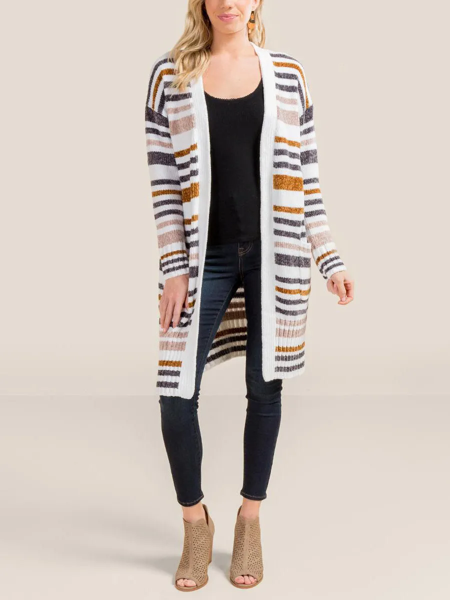 Casual Color Matching Striped Women'S Sweater Coat