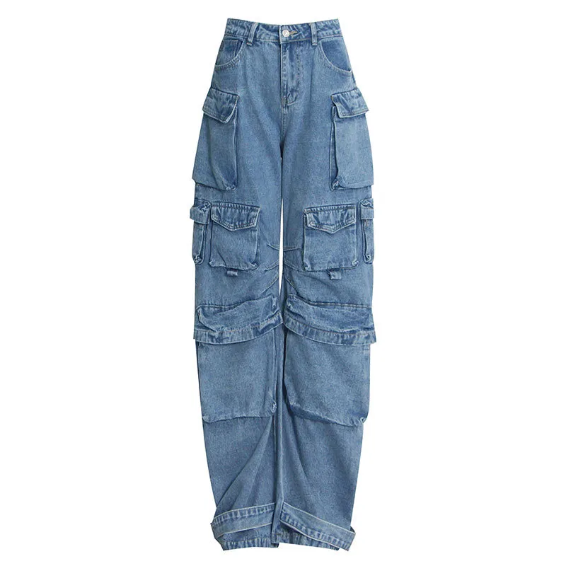 Cool Multiple Pocket Detail High Waist Wide Leg Cargo Jeans