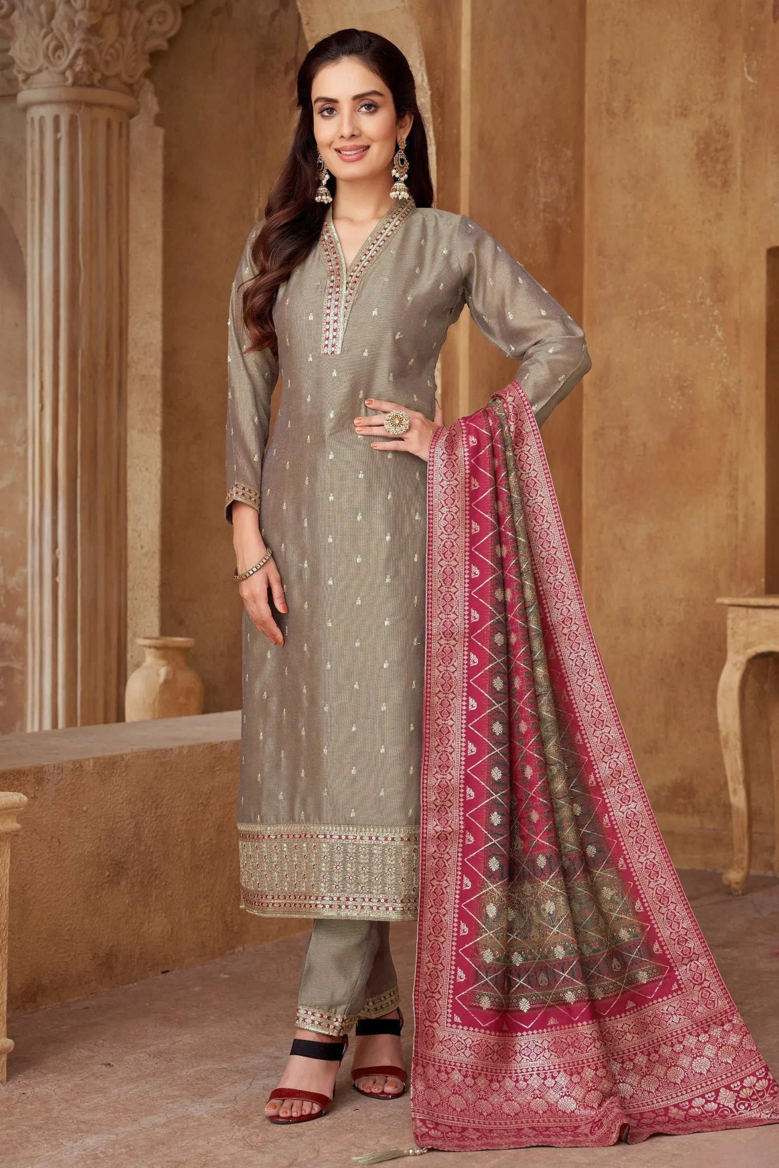 Copper Sequins, Thread and Zari work Straight Cut Salwar Suit with Digital Print Dupatta