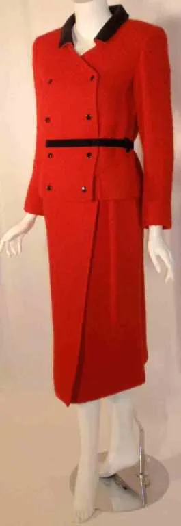 COURREGES 2 pc Red and Black Wool Jacket and Skirt Set with Belt