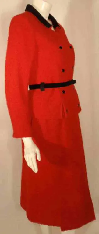 COURREGES 2 pc Red and Black Wool Jacket and Skirt Set with Belt