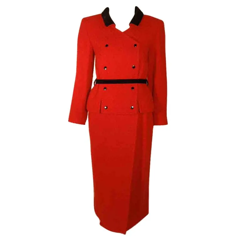 COURREGES 2 pc Red and Black Wool Jacket and Skirt Set with Belt