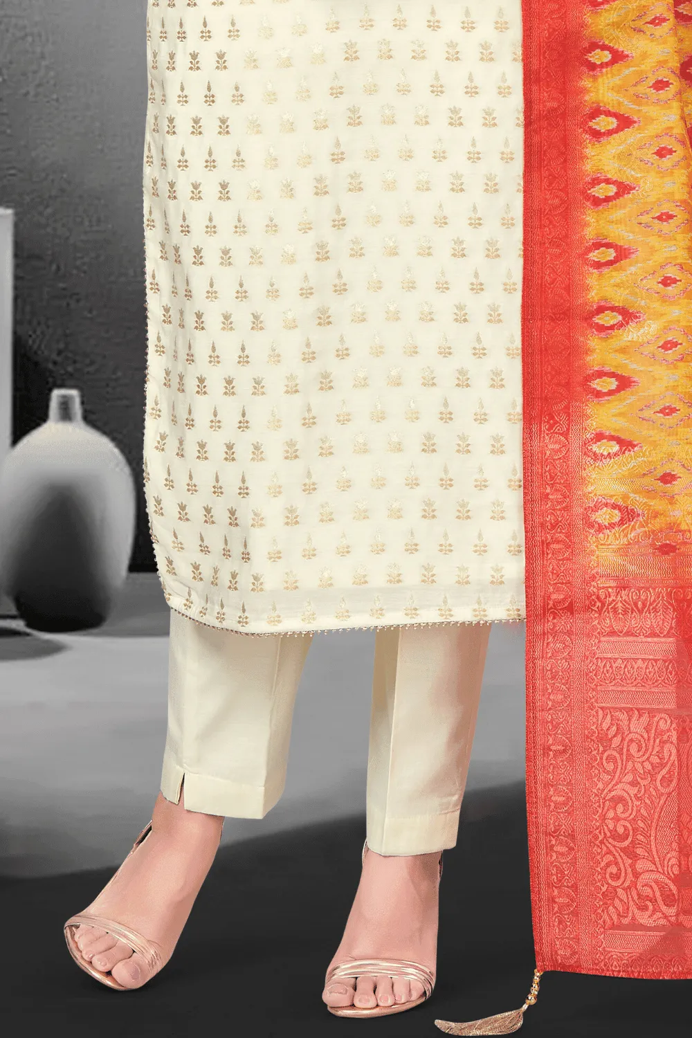 Cream Banaras, Mirror, Beads and Stone work Straight Cut Salwar Suit