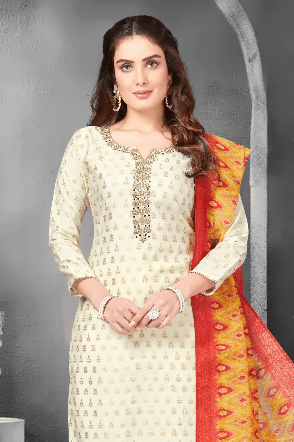 Cream Banaras, Mirror, Beads and Stone work Straight Cut Salwar Suit