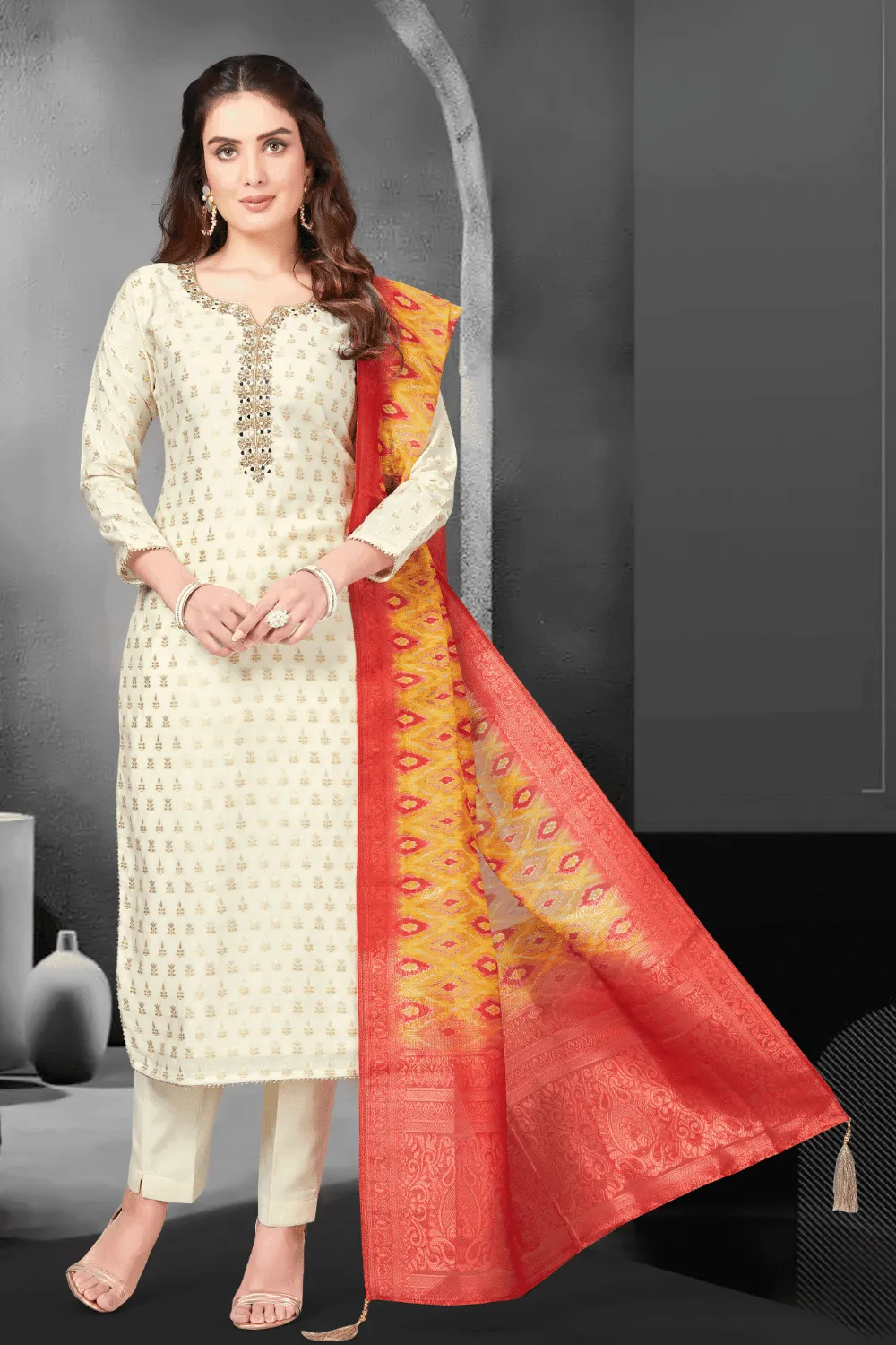 Cream Banaras, Mirror, Beads and Stone work Straight Cut Salwar Suit