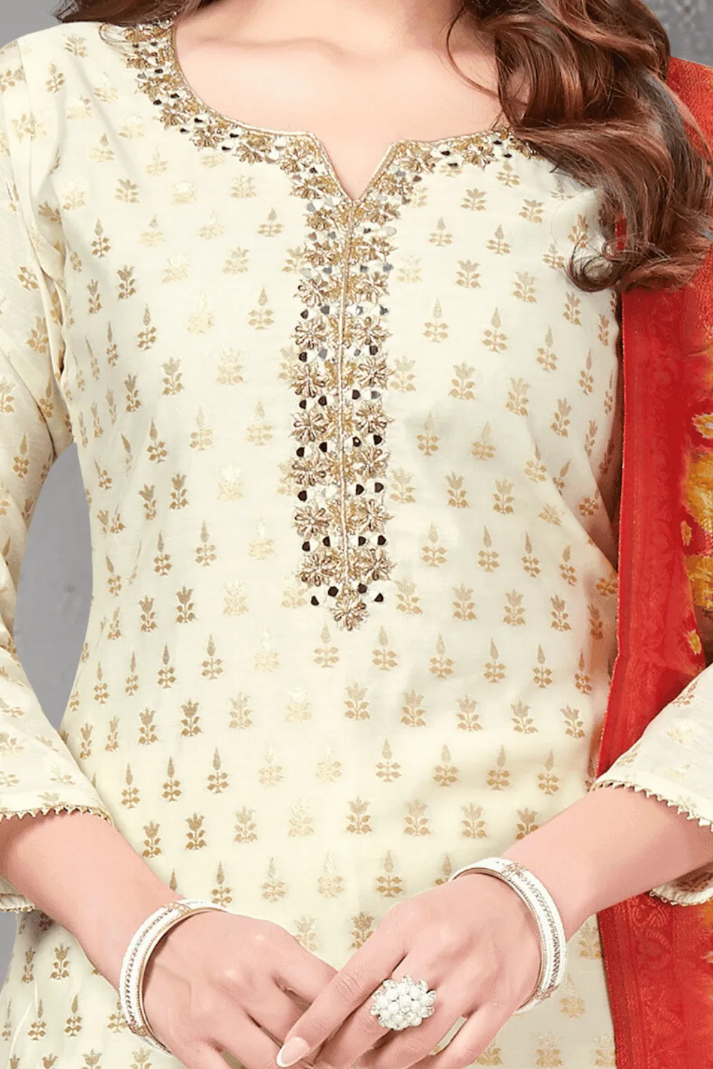 Cream Banaras, Mirror, Beads and Stone work Straight Cut Salwar Suit