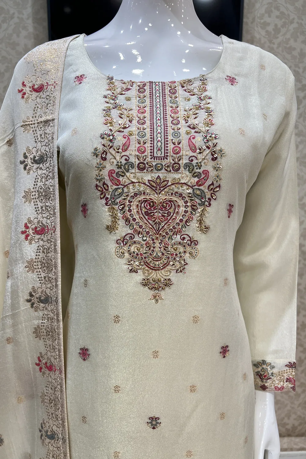 Cream Banaras, Zardozi, Sequins and Stone work Straight Cut Salwar Suit