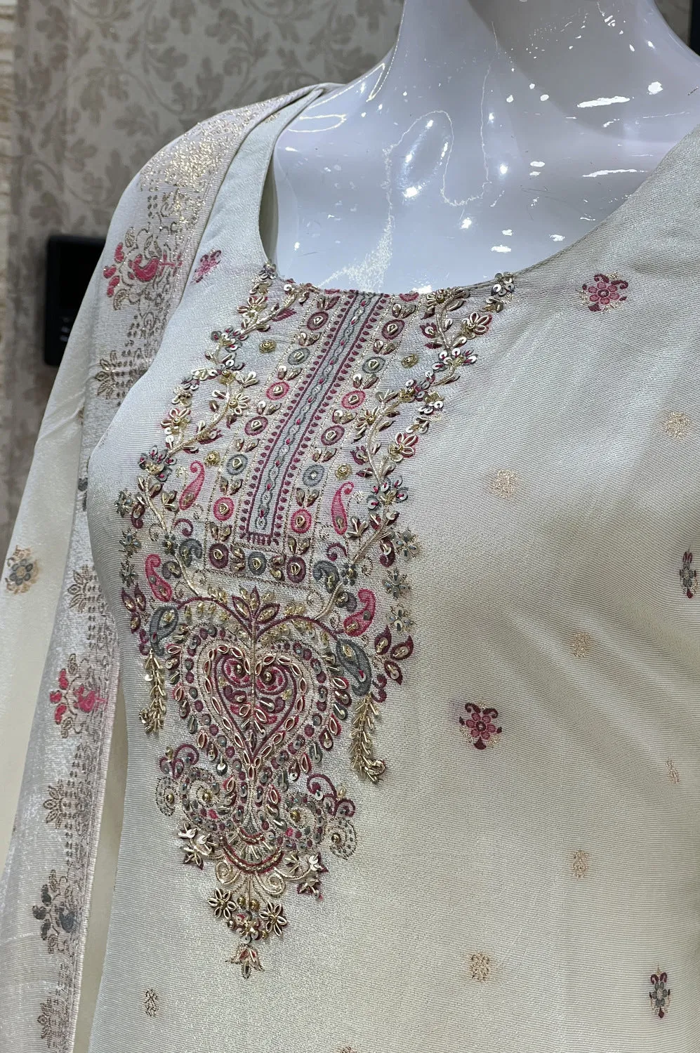 Cream Banaras, Zardozi, Sequins and Stone work Straight Cut Salwar Suit