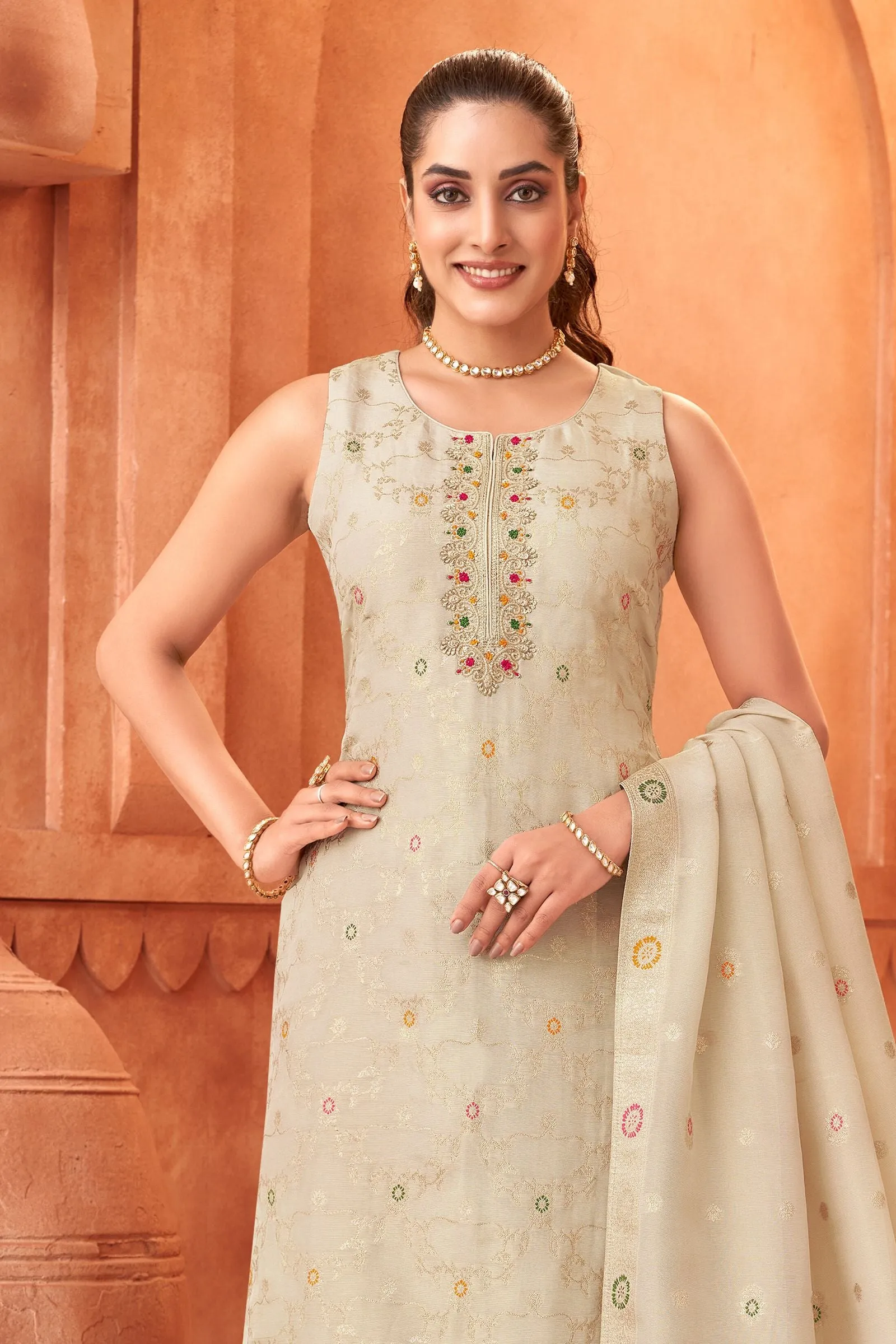 Cream Beads, Thread and Banaras work Straight Cut Salwar Suit