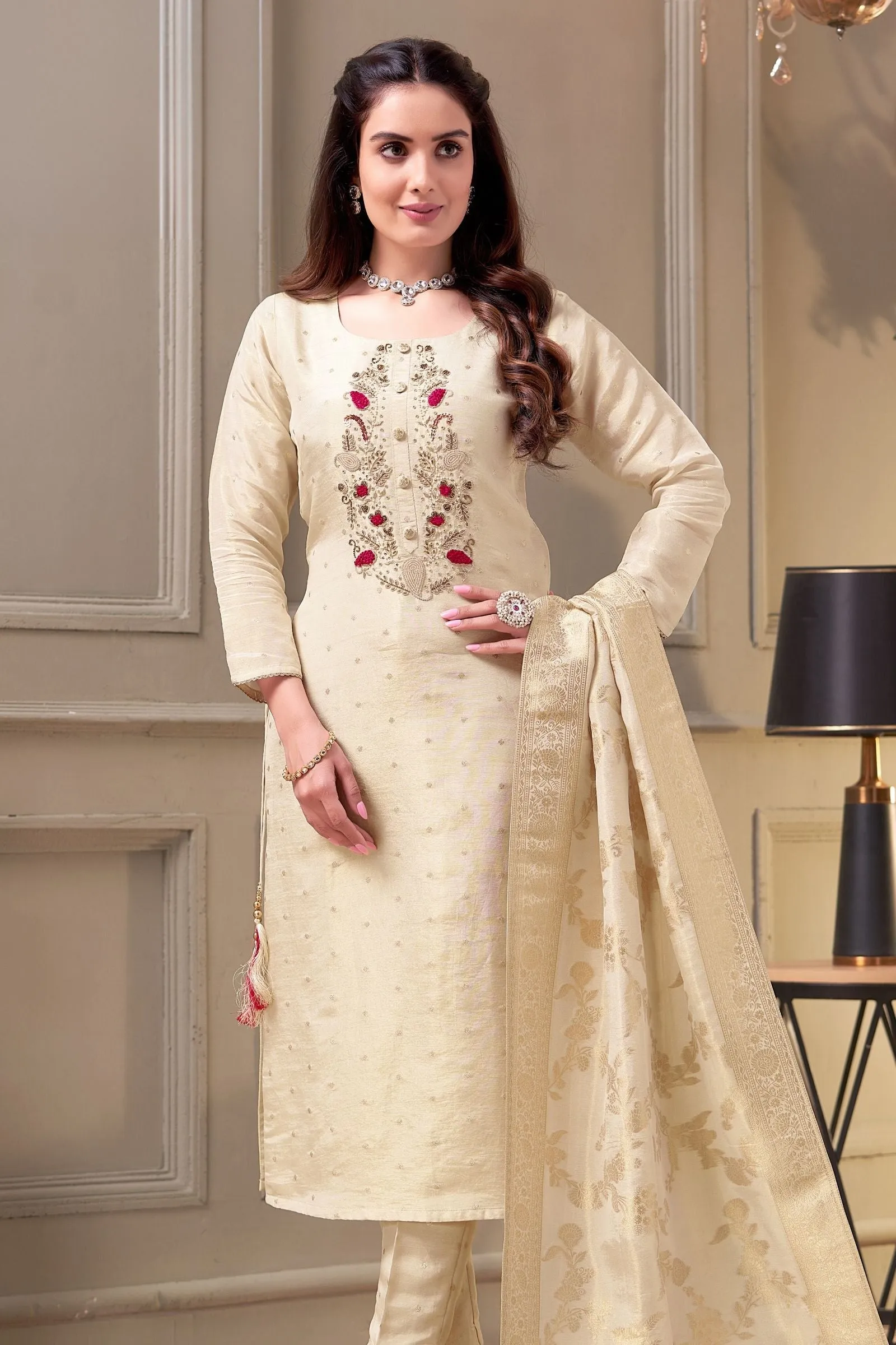 Cream Beads, Zardozi and Sequins work with Banaras Zari Weaving Straight Cut Salwar Suit