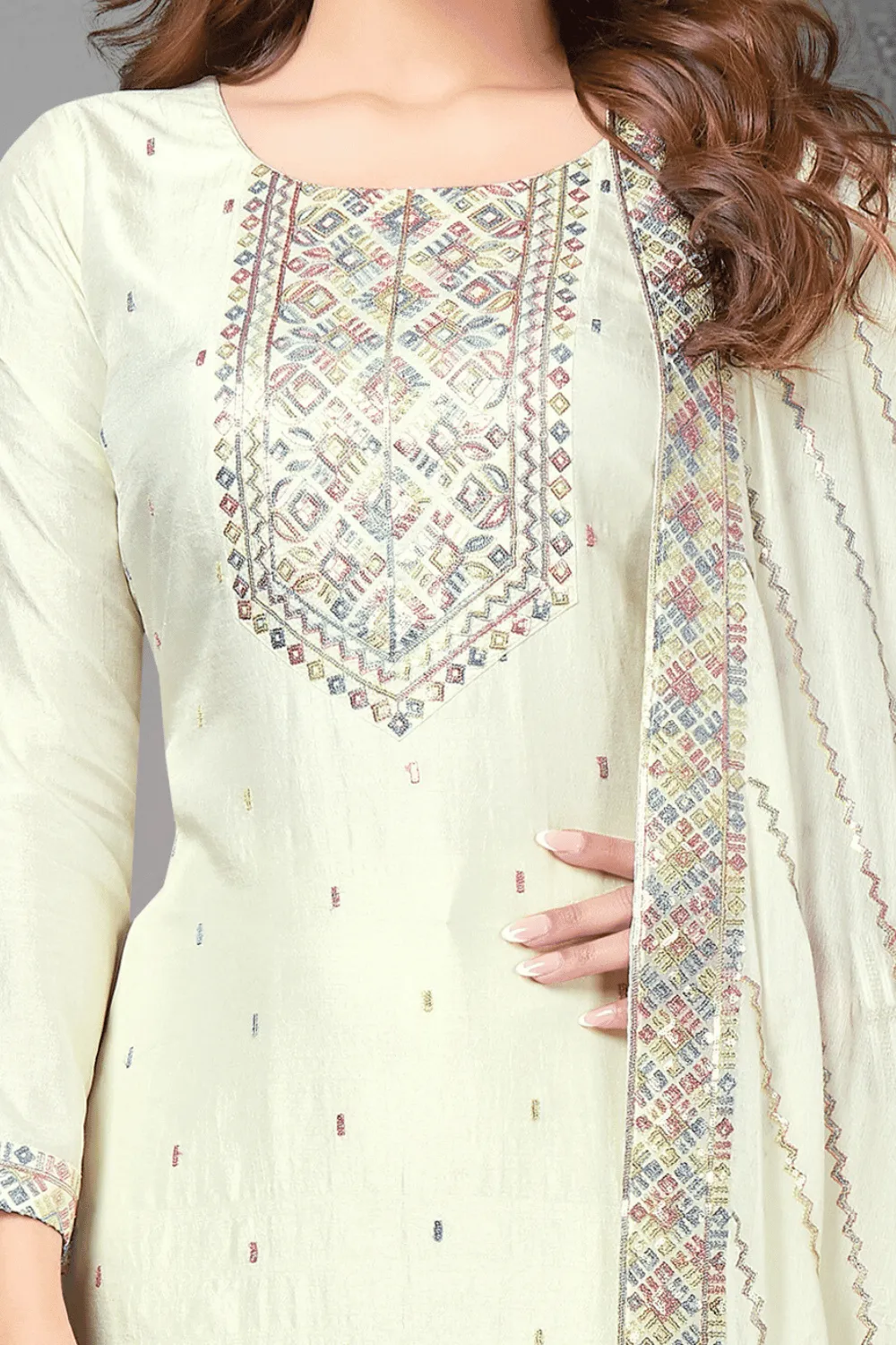 Cream Multicolor Thread and Sequins work Straight Cut Salwar Suit