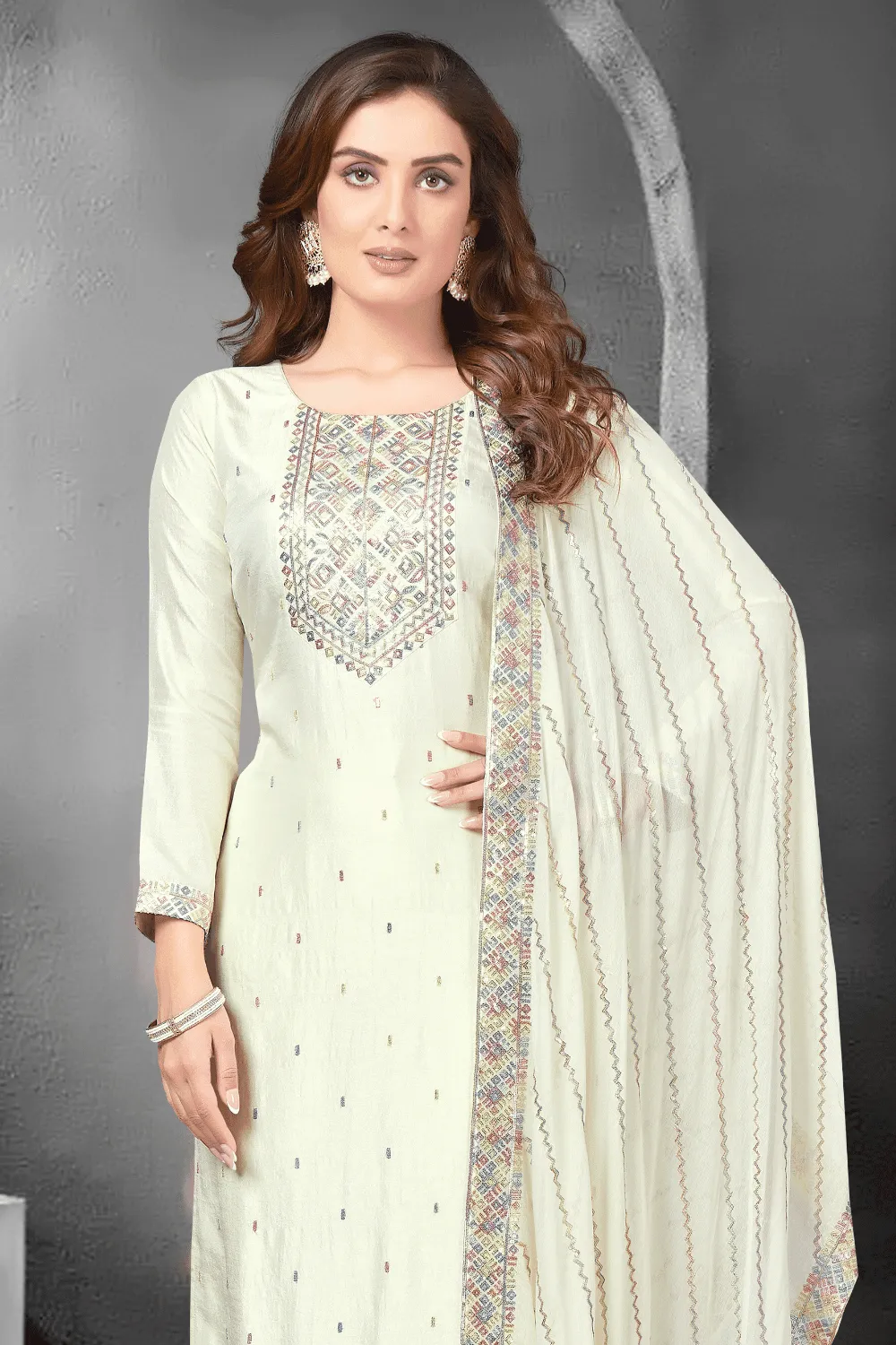 Cream Multicolor Thread and Sequins work Straight Cut Salwar Suit