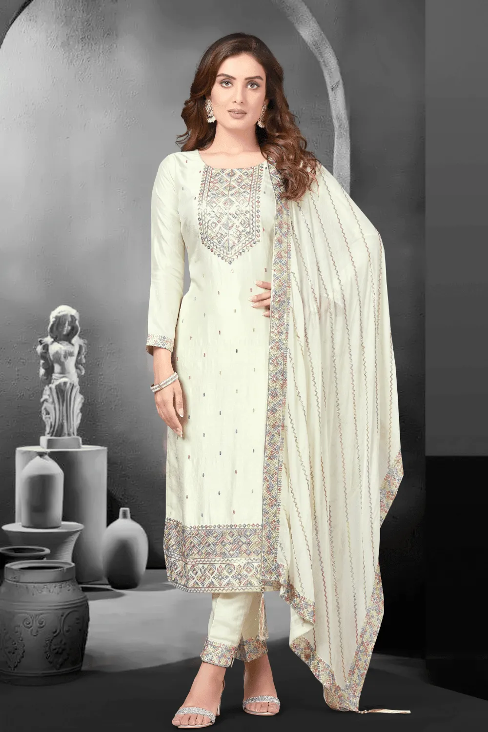 Cream Multicolor Thread and Sequins work Straight Cut Salwar Suit