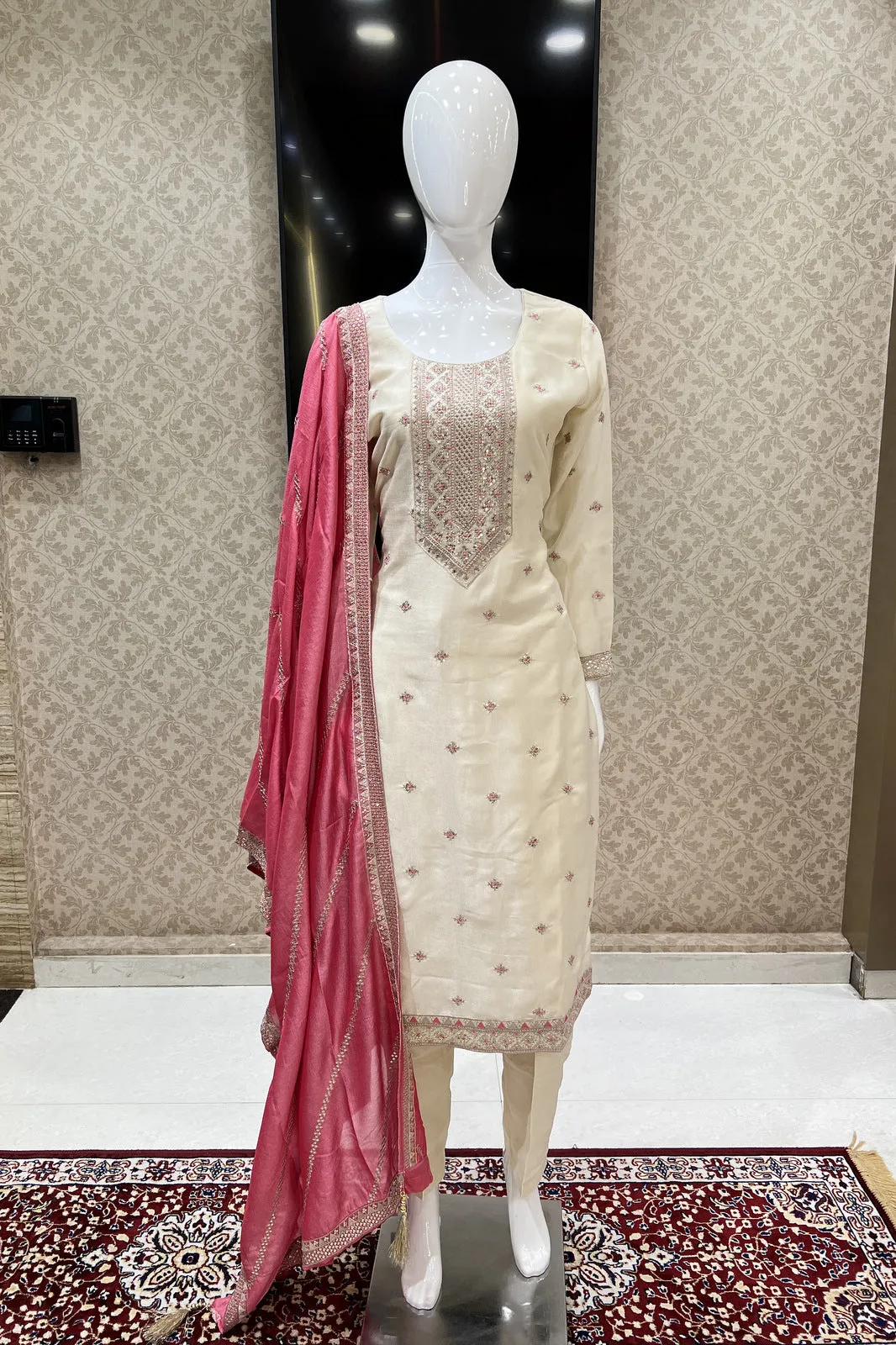 Cream Sequins, Zari and Thread work Straight Cut Salwar Suit