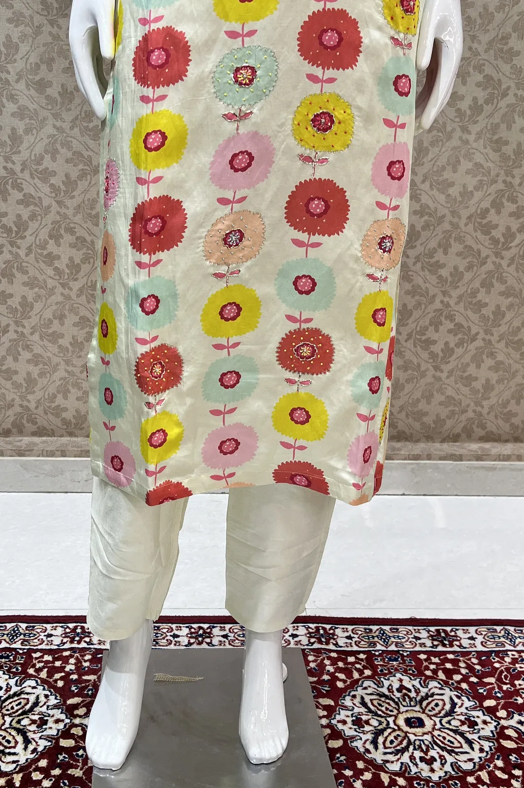 Cream with Floral Print Straight Cut Salwar Suit