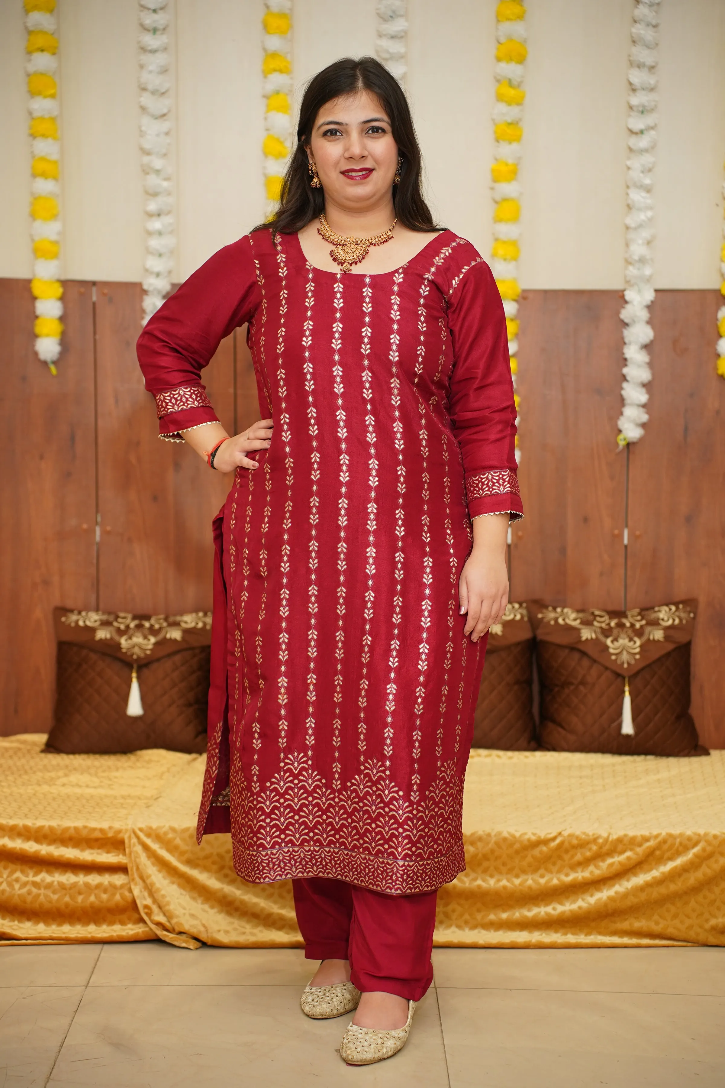 Crimson Maroon Jacquard Silk Suit