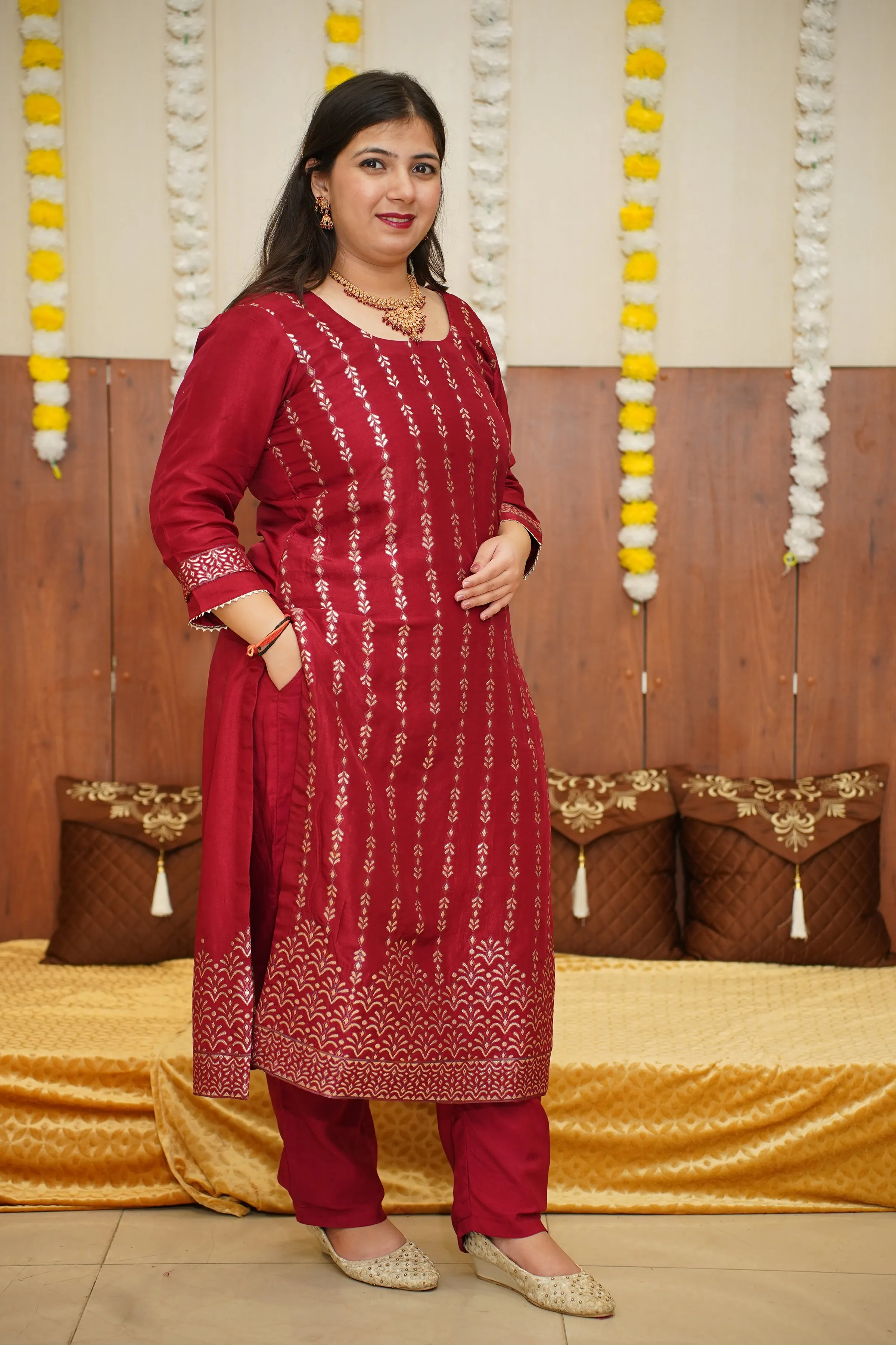 Crimson Maroon Jacquard Silk Suit