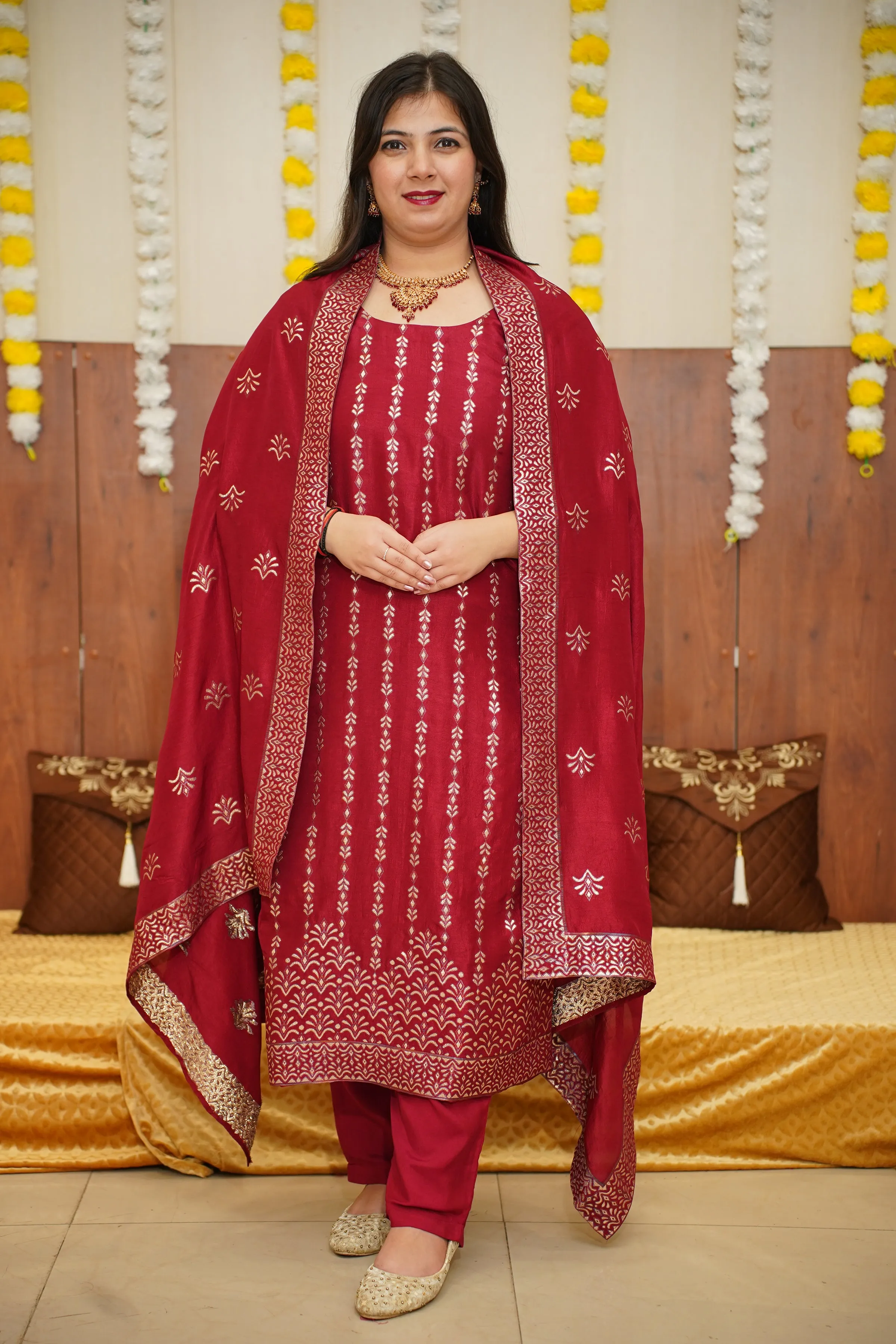 Crimson Maroon Jacquard Silk Suit