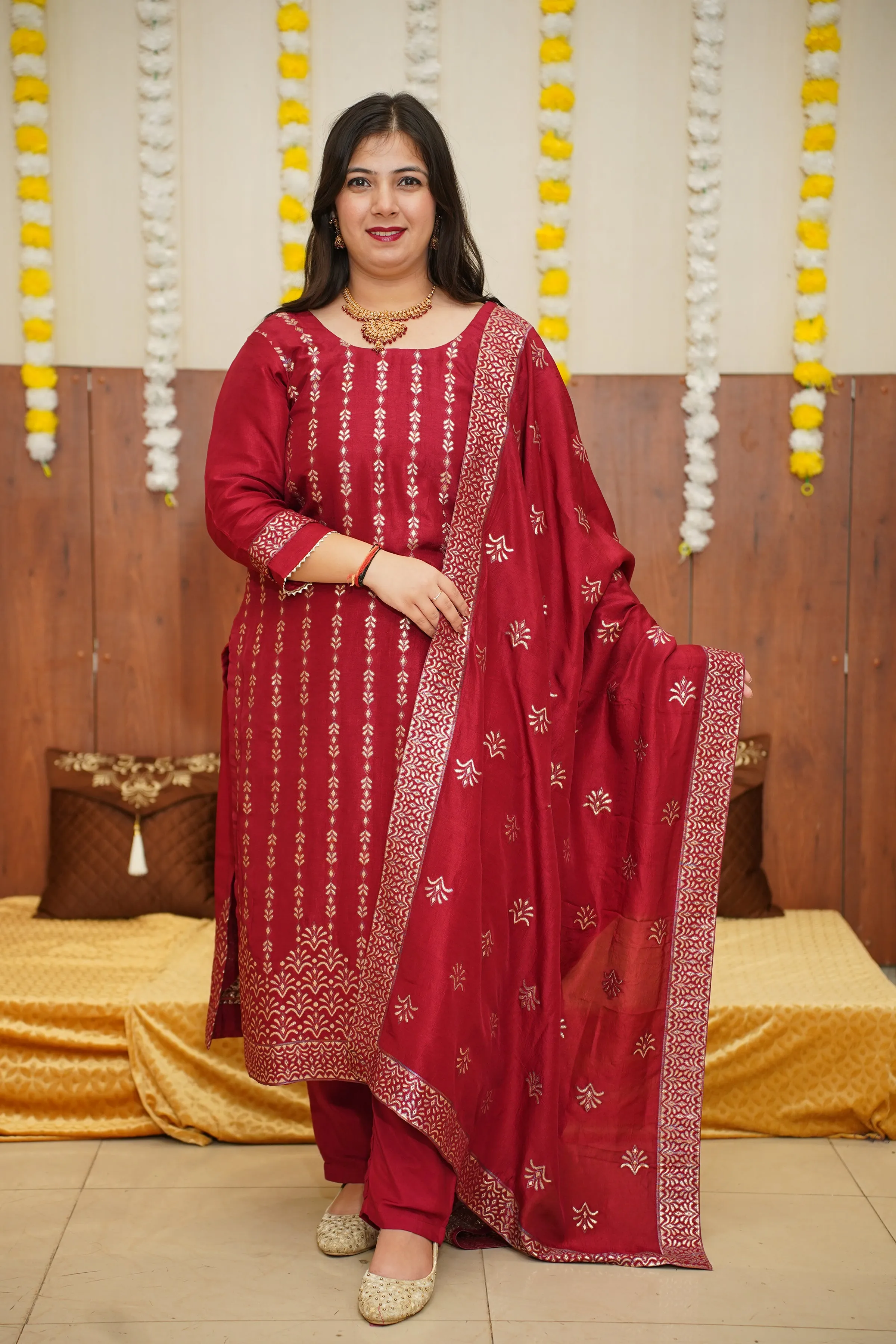 Crimson Maroon Jacquard Silk Suit