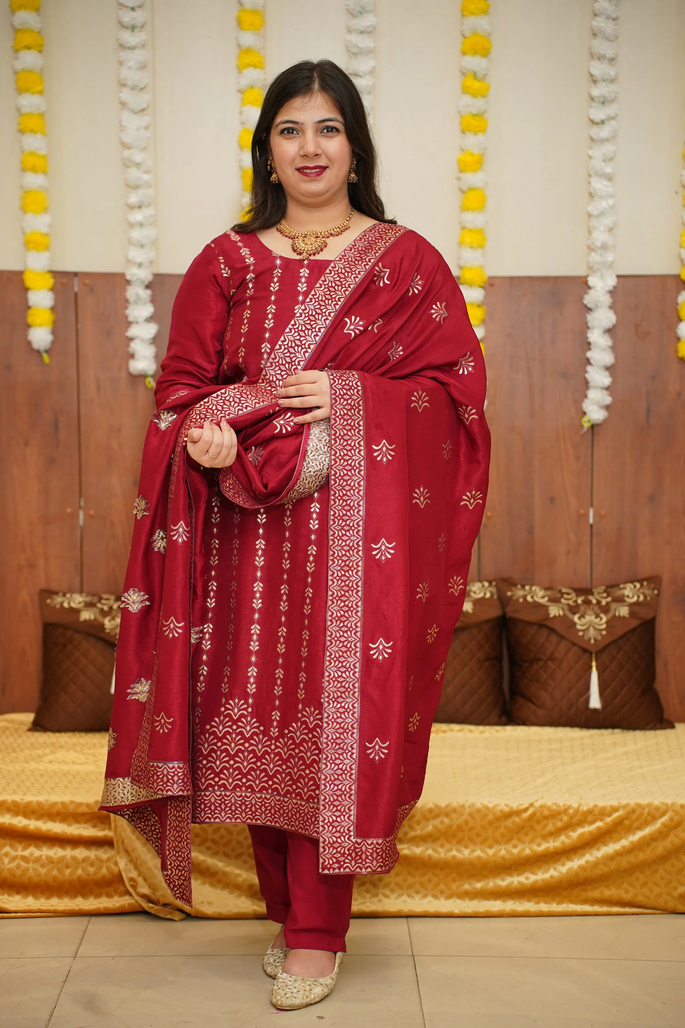 Crimson Maroon Jacquard Silk Suit