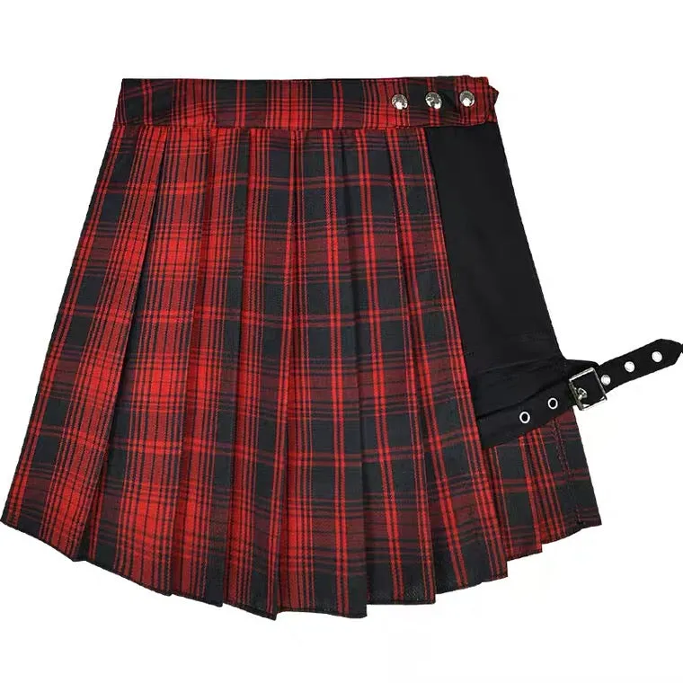 DARK RED PLAID PLEATED IRREGULAR LEG LOOPS SKIRT BY80108