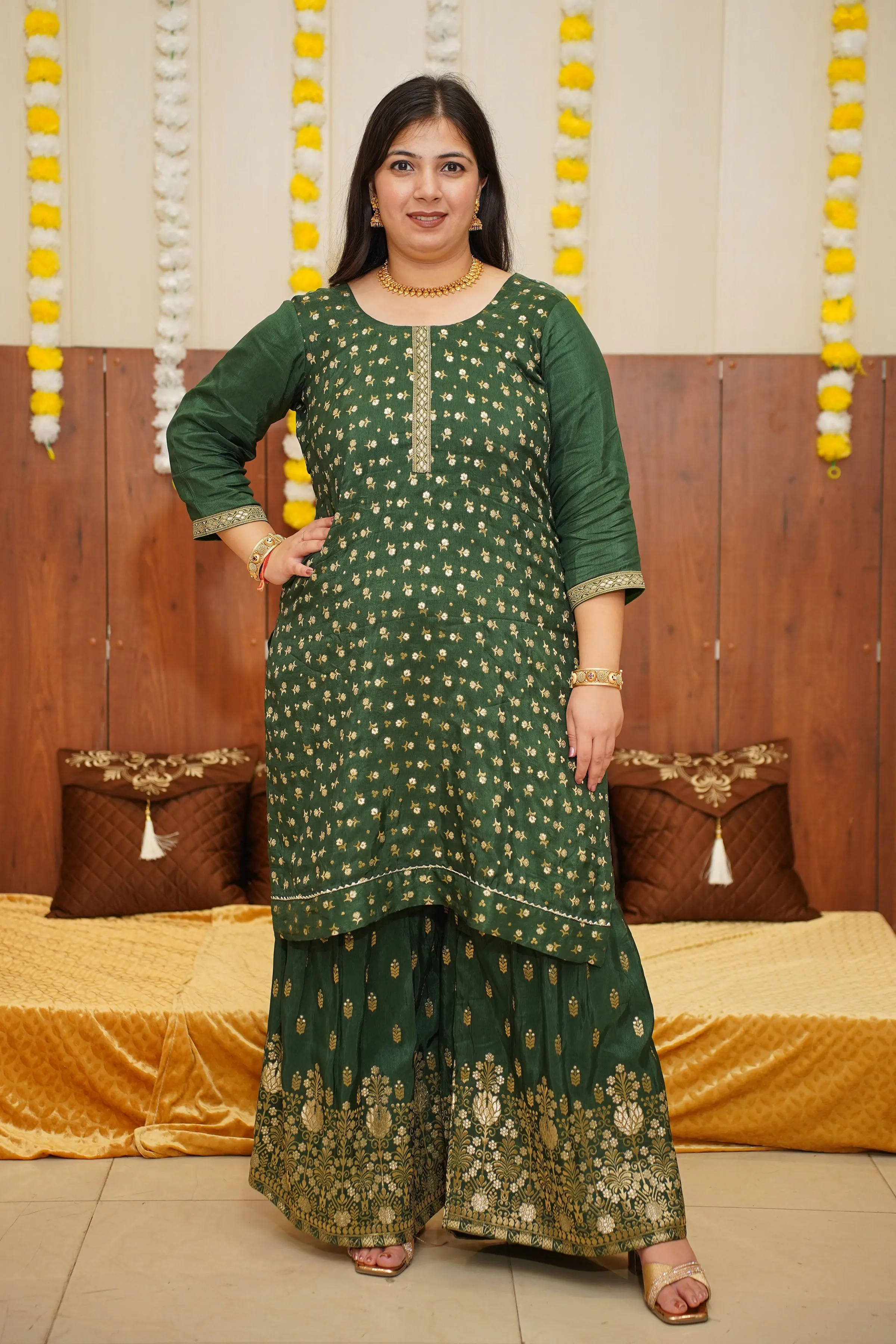 Deep Emerald Jacquard Sharara Suit