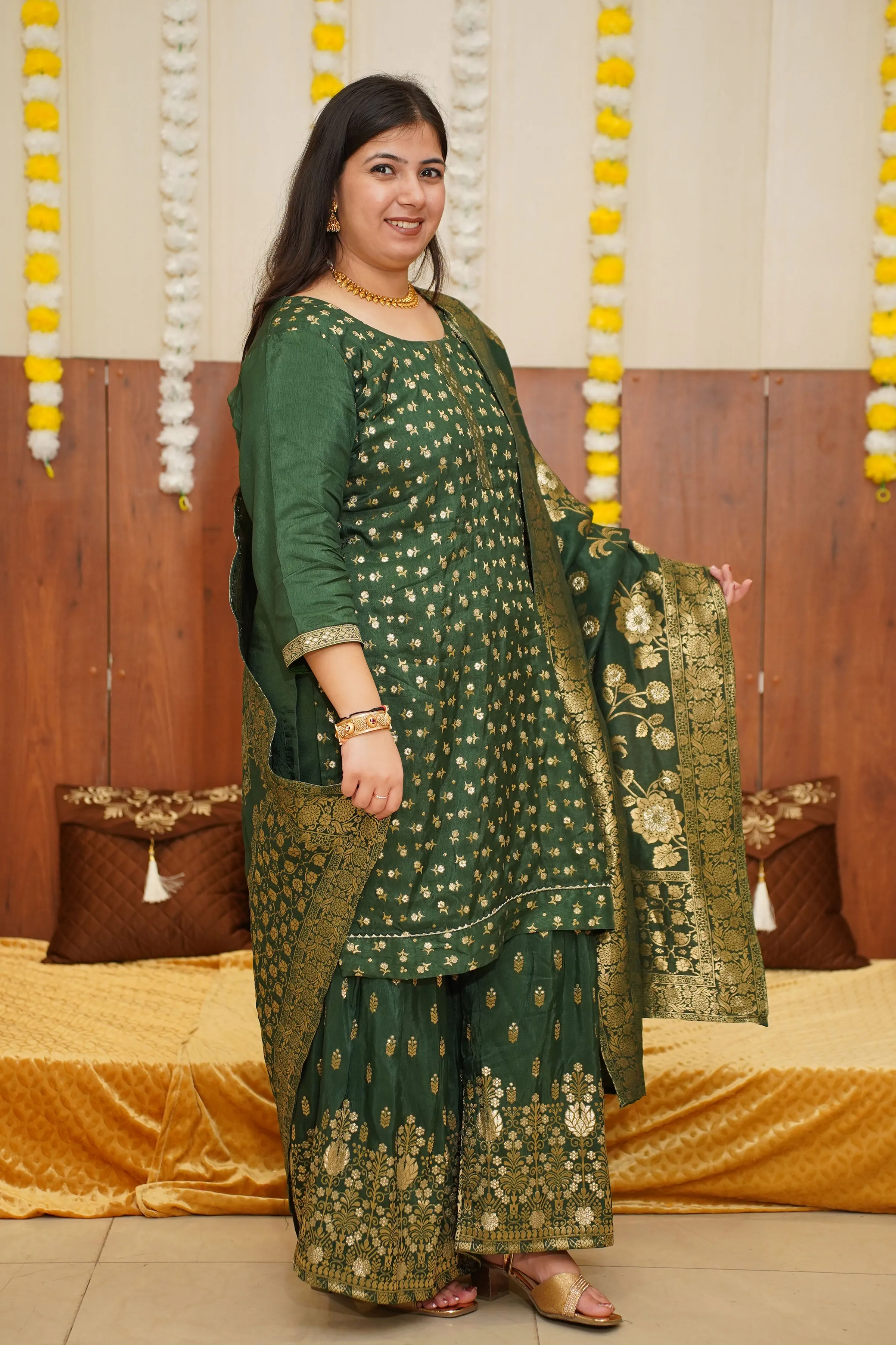 Deep Emerald Jacquard Sharara Suit