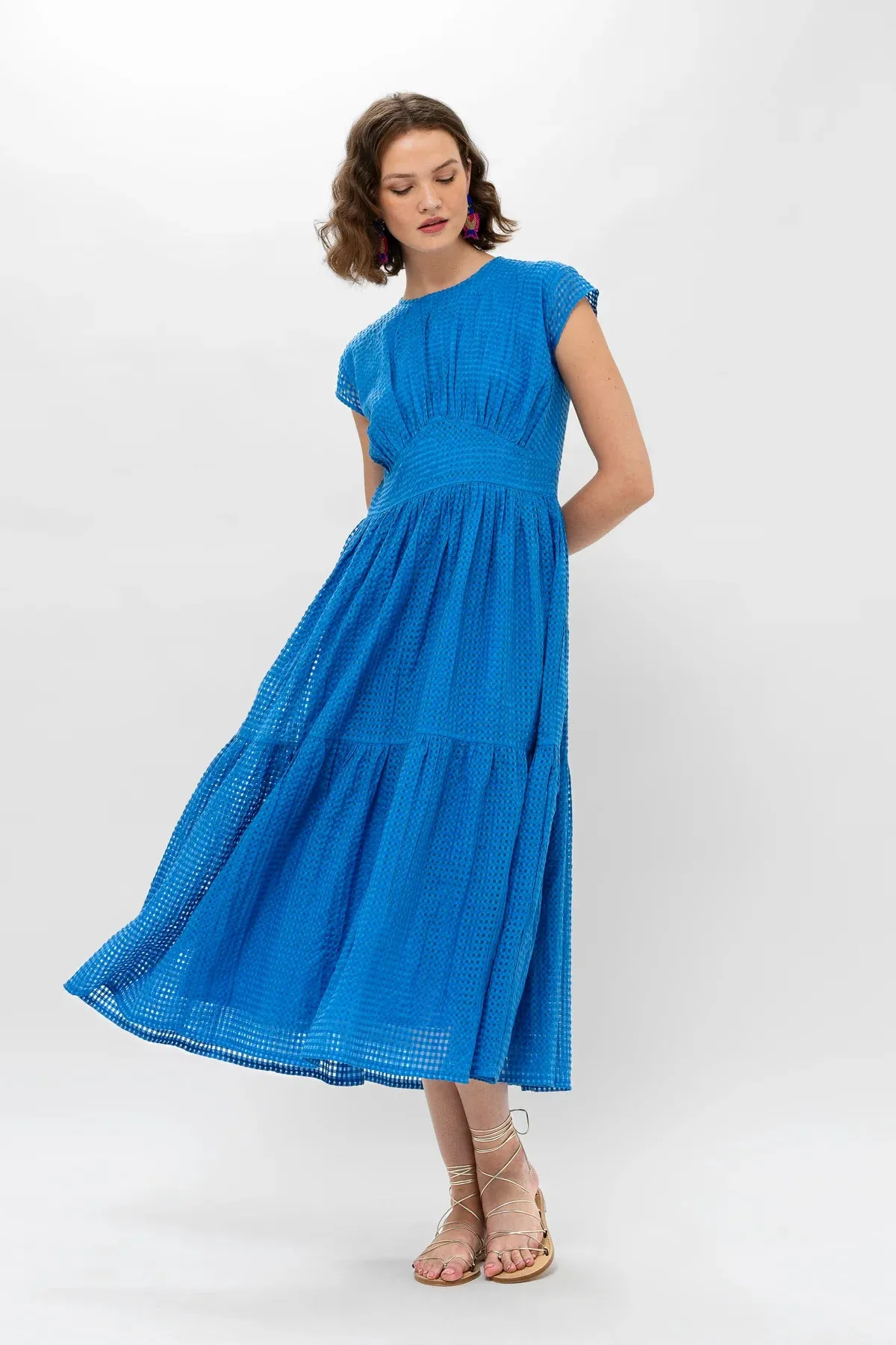 Delray Blue Cap Sleeve Midi Dress