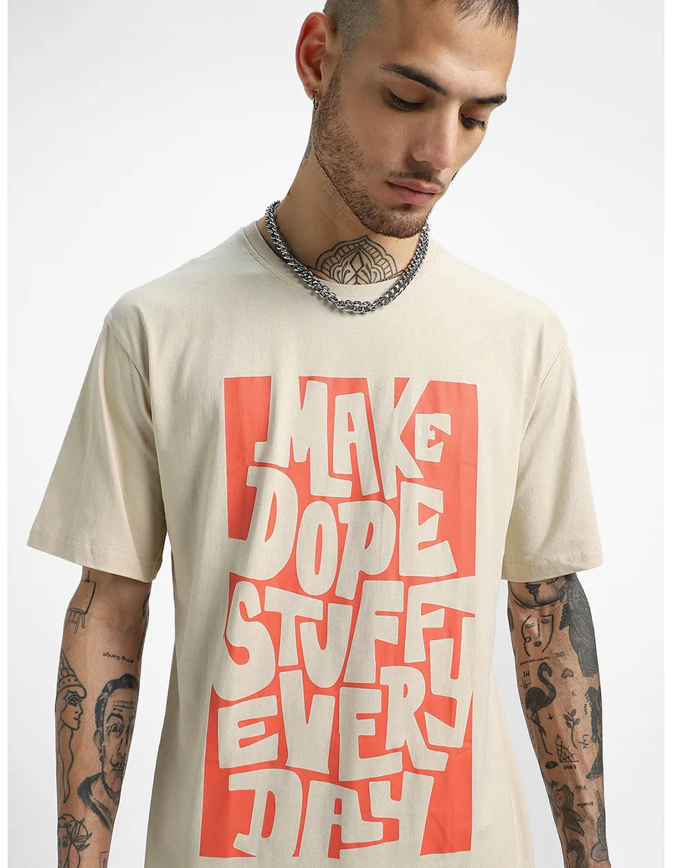 Dope Stuff Beige Oversized Front Graphic Printed Tshirt