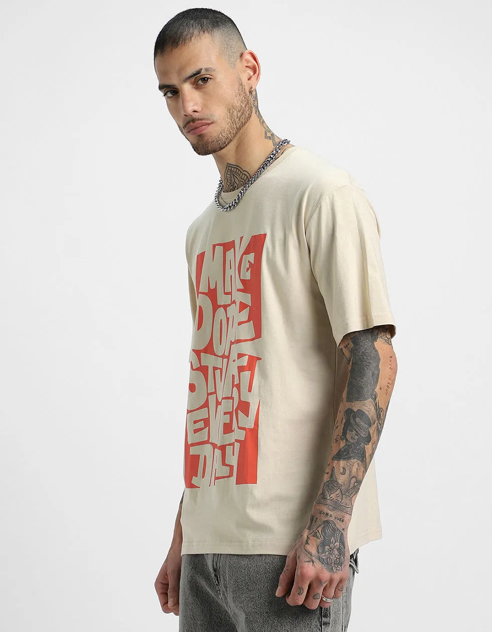 Dope Stuff Beige Oversized Front Graphic Printed Tshirt