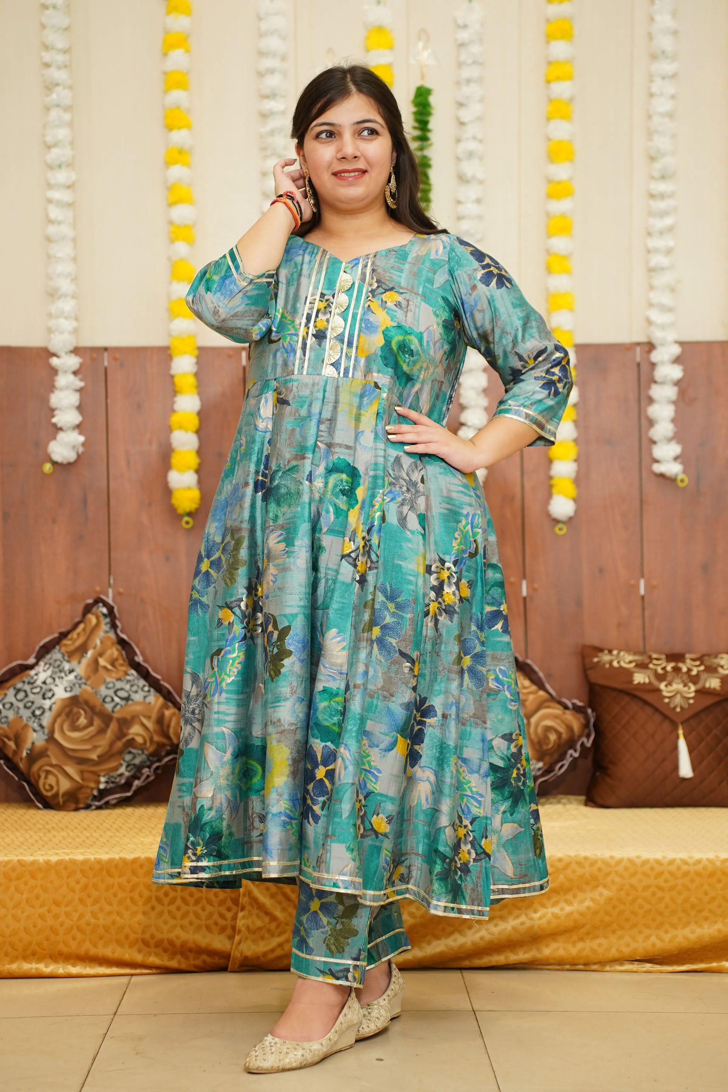 Dusty Blue Floral Anarkali Set