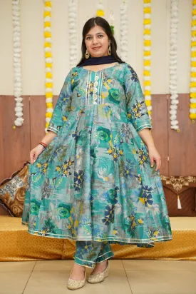 Dusty Blue Floral Anarkali Set