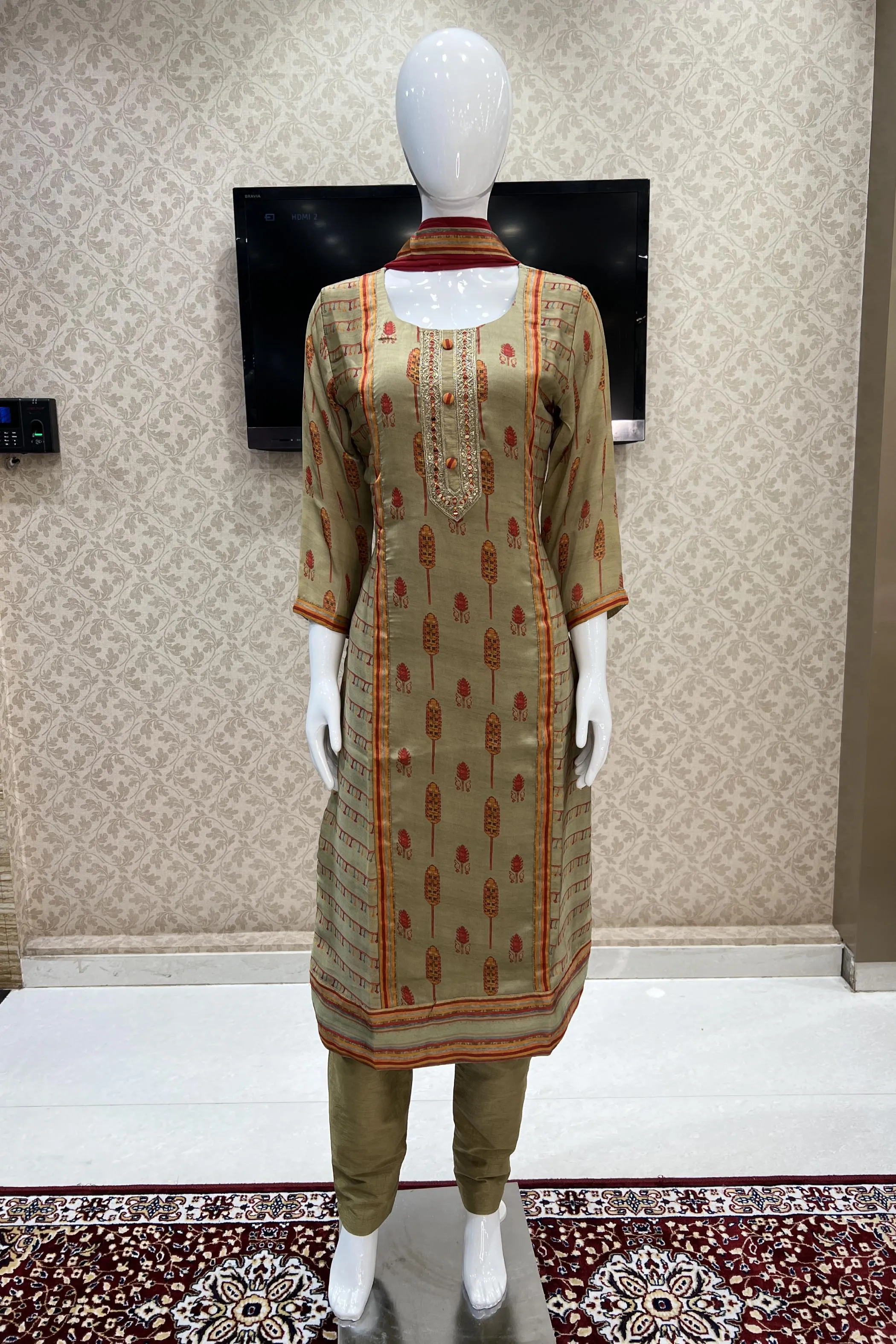 Dusty Green Mirror, Zardozi and Sequins work with Printed Straight Cut Salwar Suit