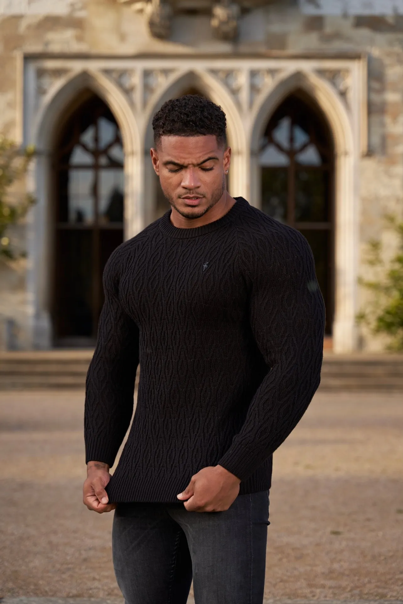 Father Sons Black Knitted Elongated Diamond Crew Super Slim Raglan Sweater with Metal Decal - FSN051