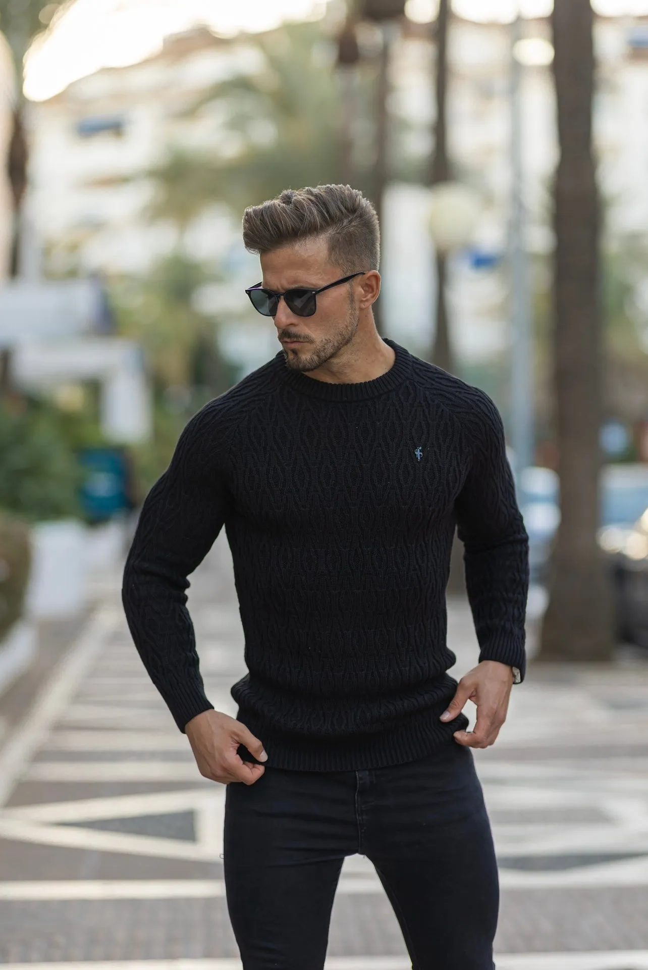 Father Sons Black Knitted Elongated Diamond Crew Super Slim Raglan Sweater with Metal Decal - FSN051