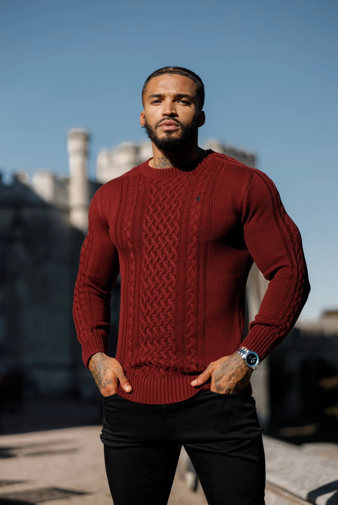 Father Sons Burgundy Knitted Cable Saddle Crew Super Slim Sweater With Metal Decal - FSN079