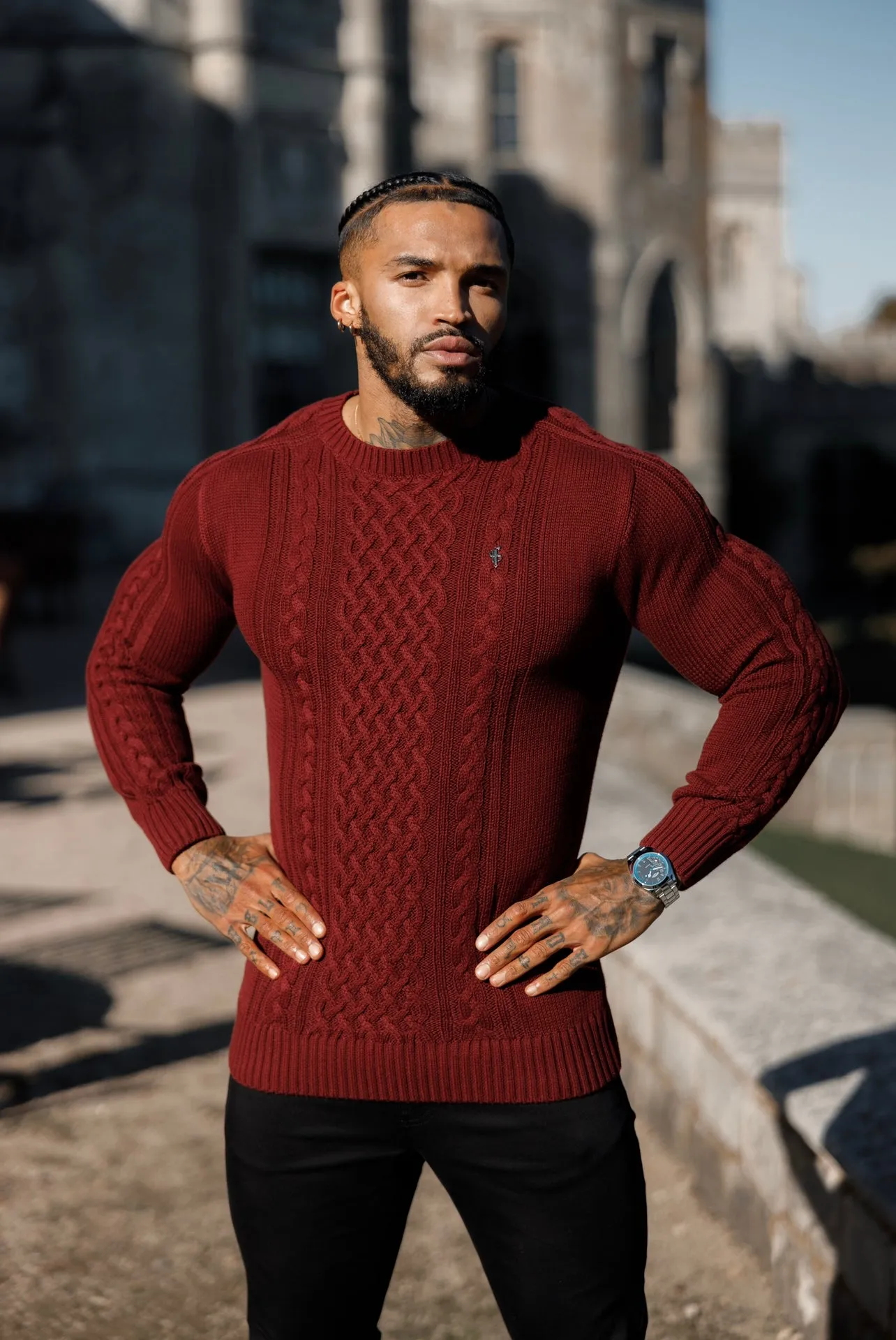 Father Sons Burgundy Knitted Cable Saddle Crew Super Slim Sweater With Metal Decal - FSN079