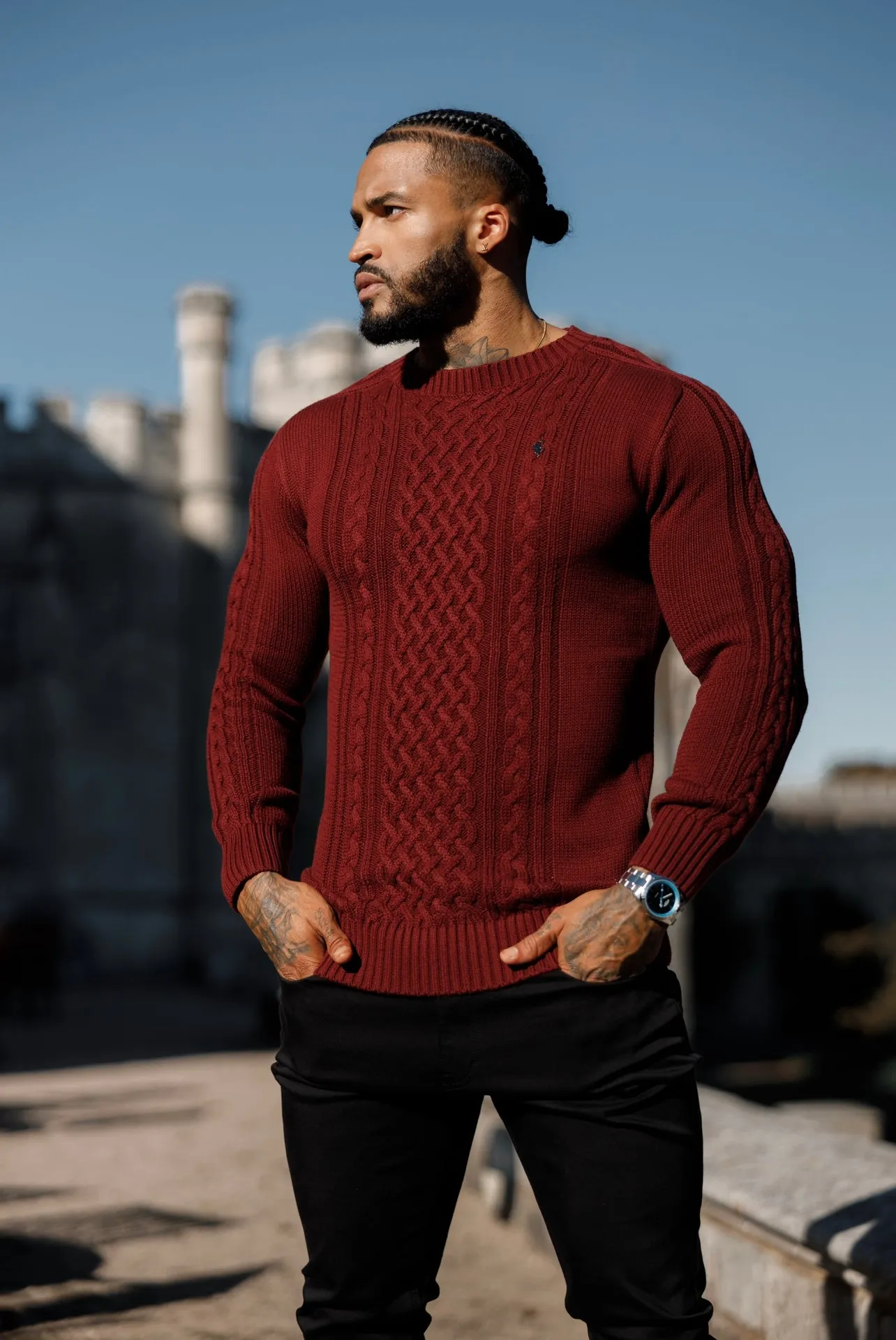 Father Sons Burgundy Knitted Cable Saddle Crew Super Slim Sweater With Metal Decal - FSN079