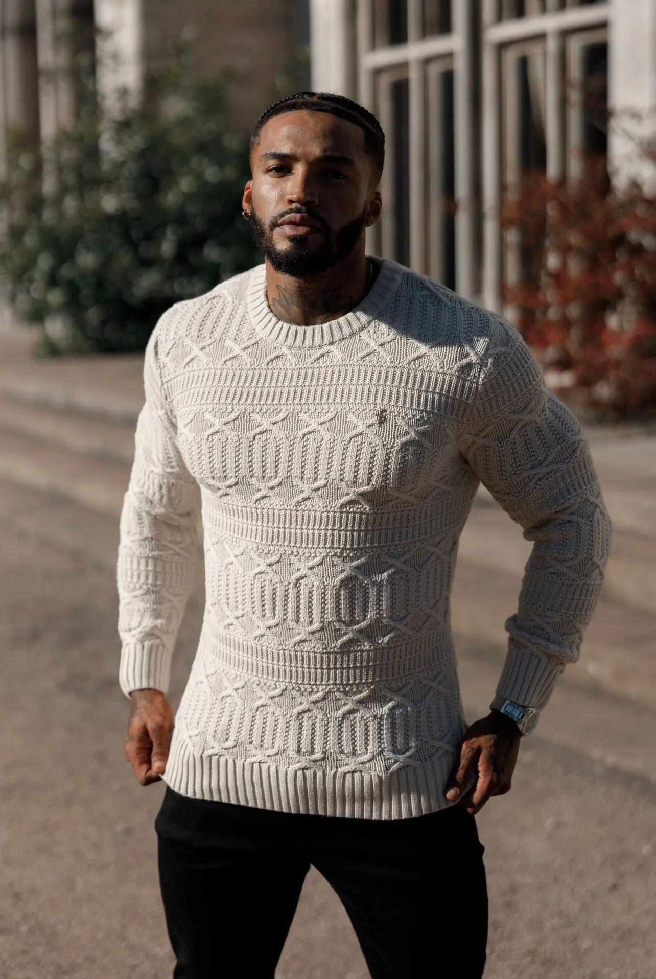 Father Sons Oatmeal Knitted Cable Link Crew Super Slim Sweater With Metal Decal - FSN071