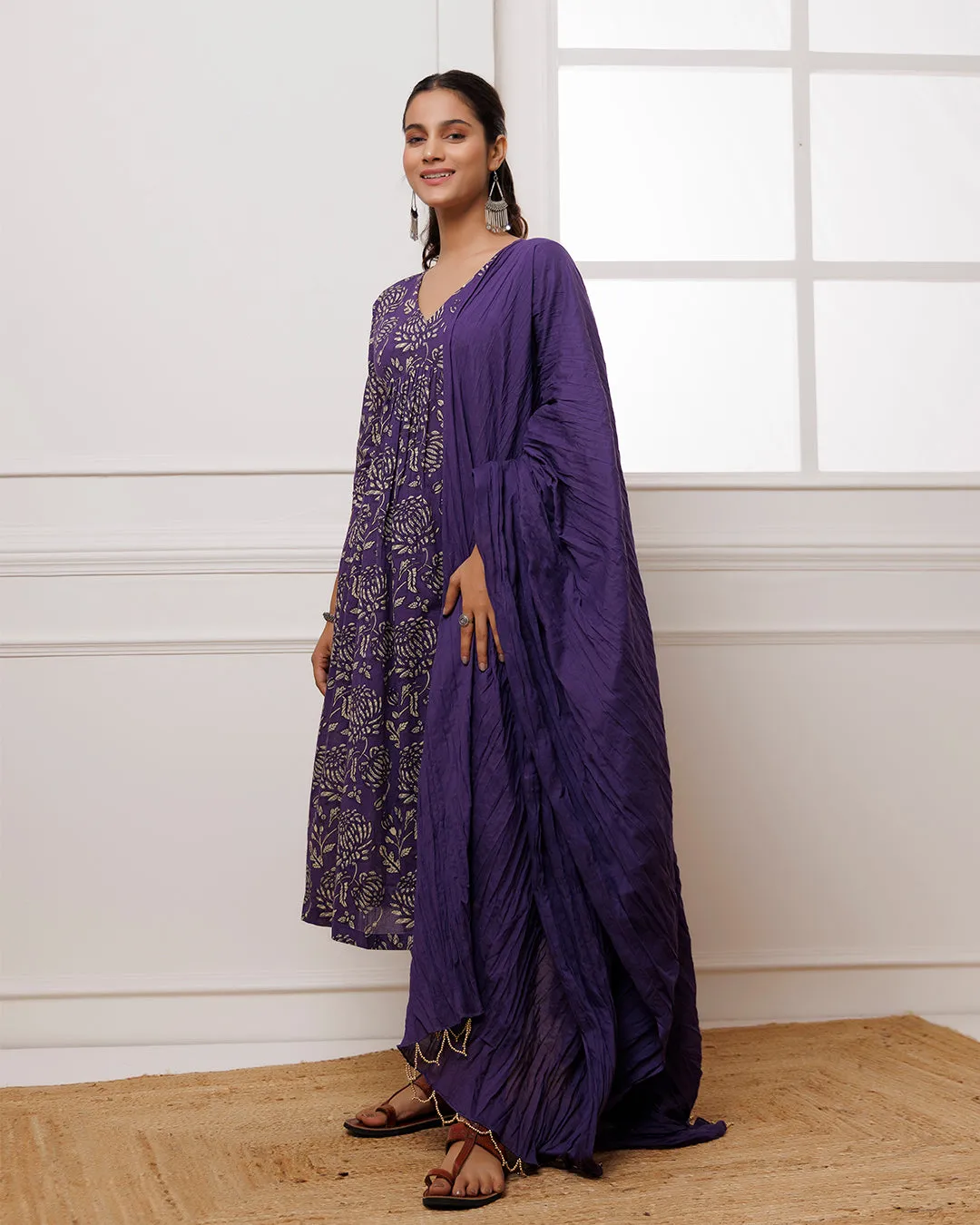 Ghazal Violet Dabu Hand Block Printed Mul Gathered Suit Set