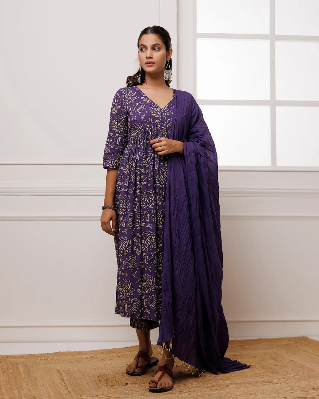 Ghazal Violet Dabu Hand Block Printed Mul Gathered Suit Set