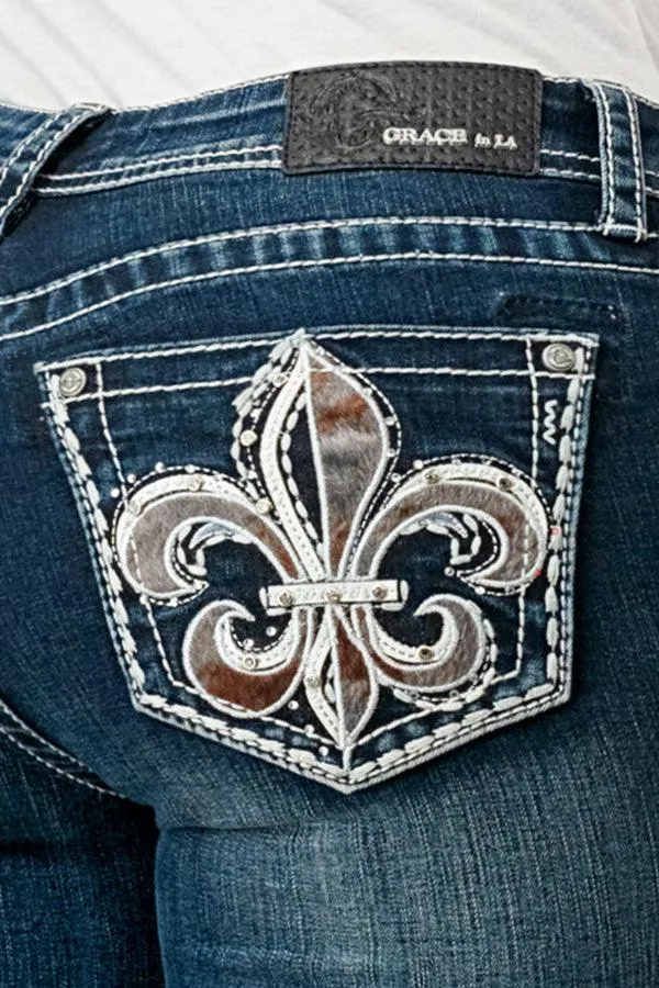 Grace in LA Fleur de lis Easy Bootcut Jeans 34