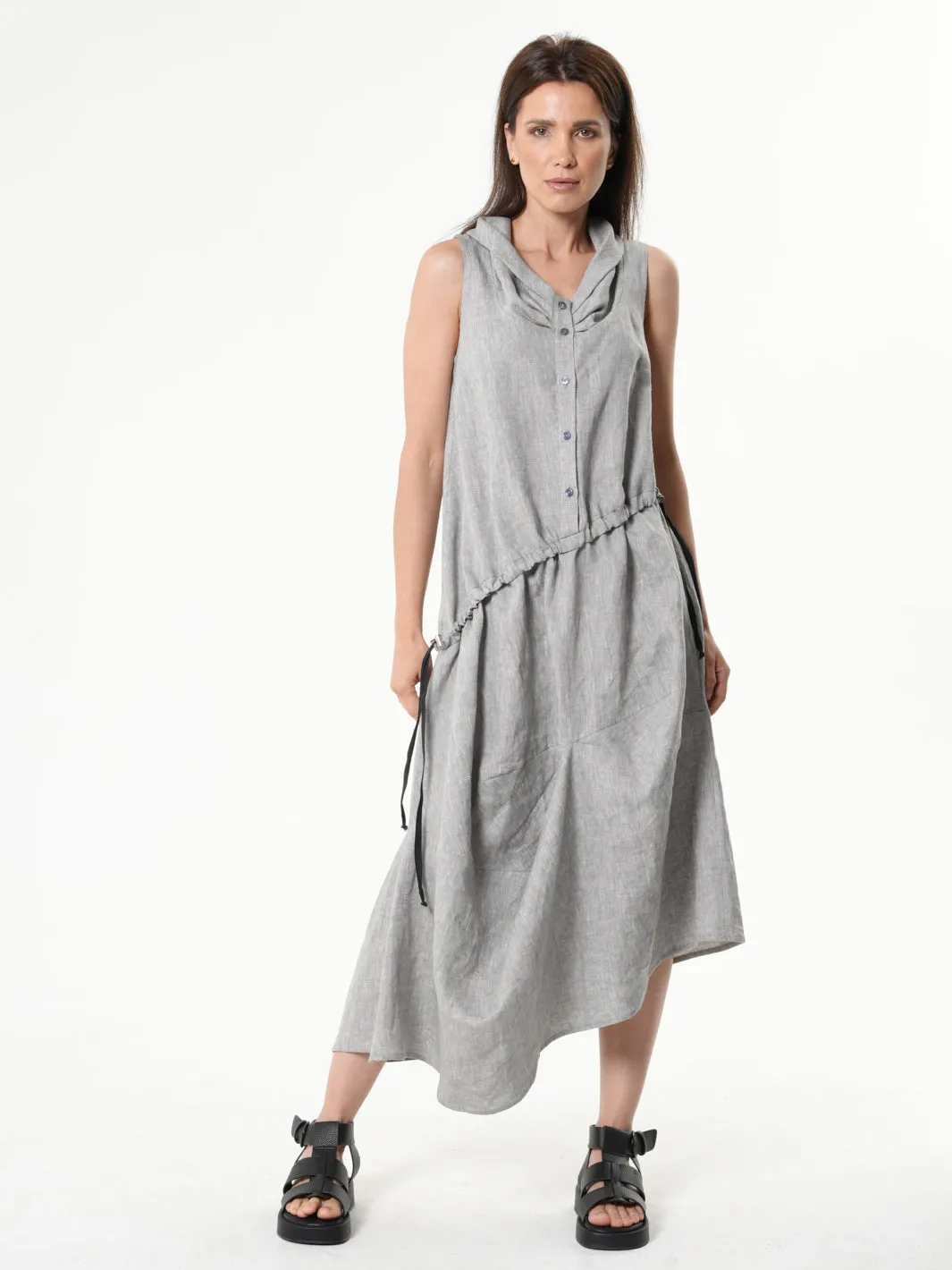 Gray Linen Dress With Asymmetric Hem