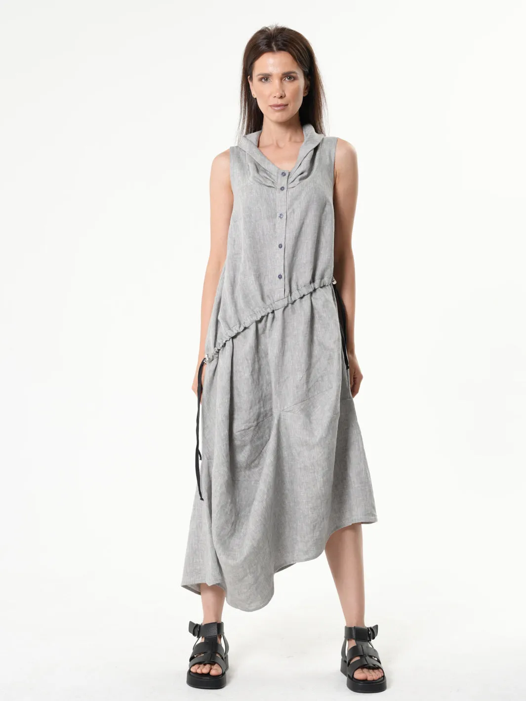 Gray Linen Dress With Asymmetric Hem