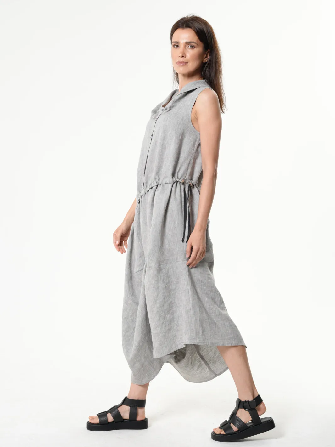 Gray Linen Dress With Asymmetric Hem