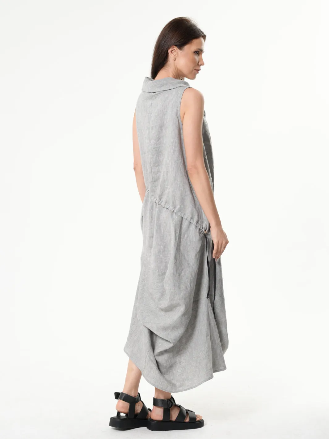 Gray Linen Dress With Asymmetric Hem