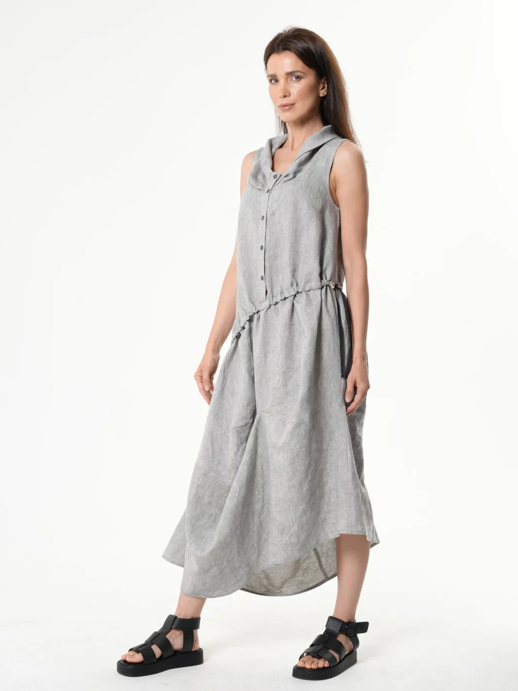 Gray Linen Dress With Asymmetric Hem