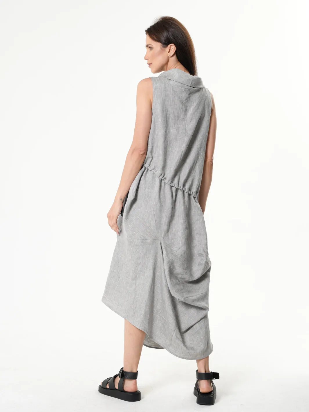 Gray Linen Dress With Asymmetric Hem