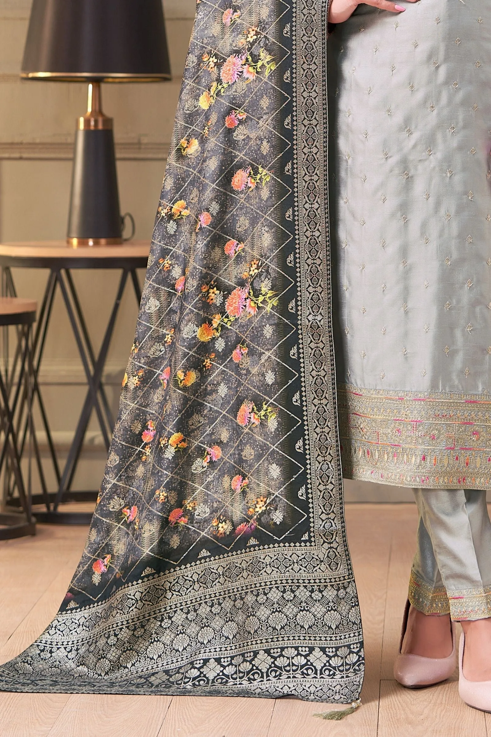 Grey Zari, Sequins and Multicolor Thread work Straight Cut Salwar Suit